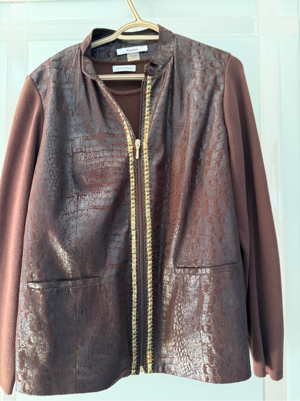 Laura Ashley Brown Textured Faux-Leather Zip Jacket with Gold Trim